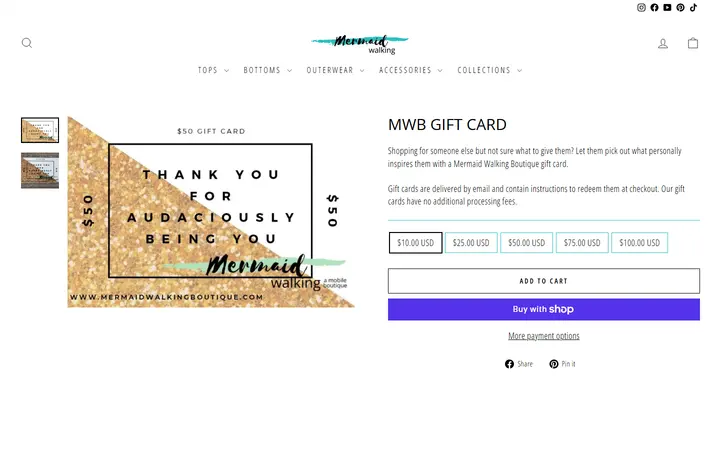 Website page titled MWB Gift Card – Mermaid Walking Boutique