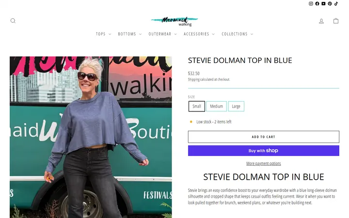 Website page titled Blue Dolman Sleeve Crop Top | Stevie | Mermaid Walking Boutique