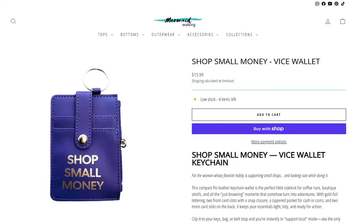 Website page titled Shop Small Money - Vice Wallet – Mermaid Walking Boutique