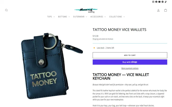 Website page titled Tattoo Money Vice Wallets – Mermaid Walking Boutique