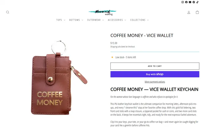 Website page titled Coffee Money - Vice Wallet – Mermaid Walking Boutique