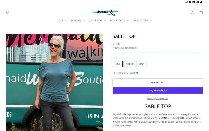 Website page titled Short Sleeve Top | Sable | Mermaid Walking Boutique