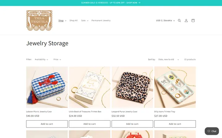 Website page titled Jewelry Storage – Tela Tequila