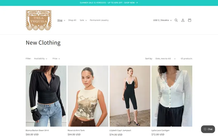 Website page titled New Clothing – Tela Tequila