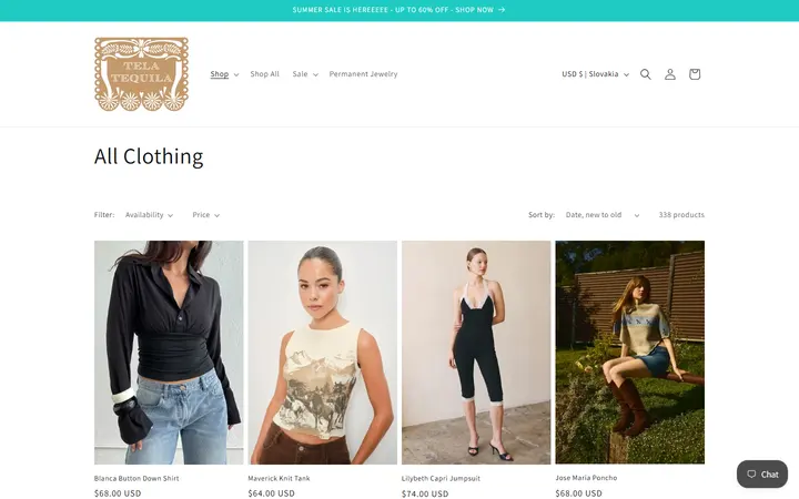 Website page titled All Clothing – Tela Tequila
