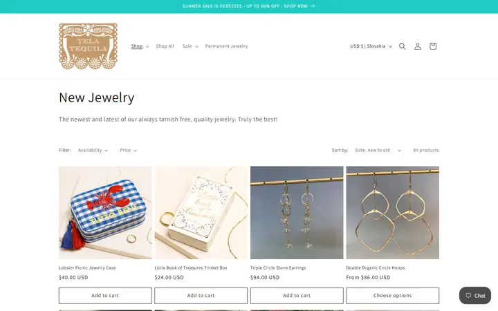 Website page titled New Jewelry – Tela Tequila