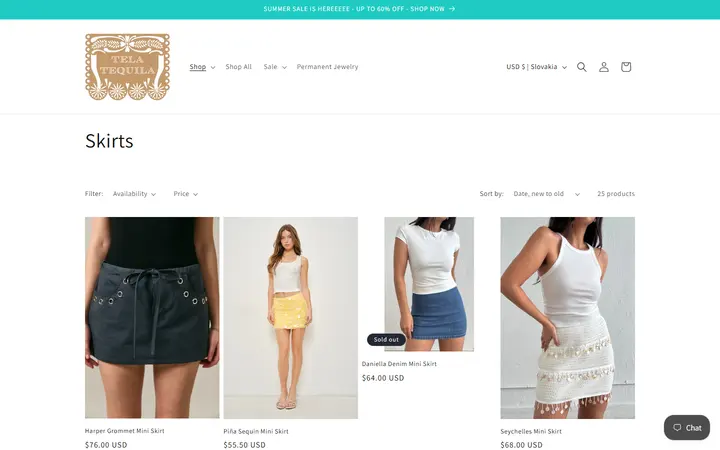 Website page titled Skirts – Tela Tequila