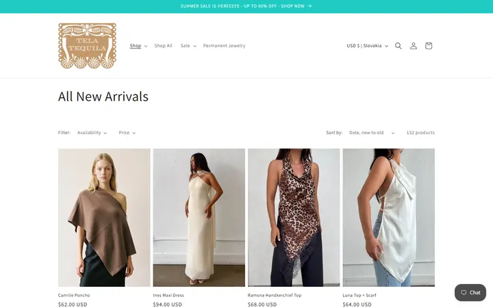 Website page titled All New Arrivals – Tela Tequila