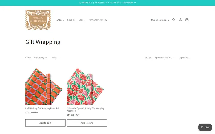 Website page titled Gift Wrapping – Tela Tequila