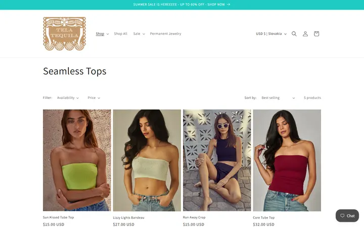 Website page titled Seamless Tops – Tela Tequila