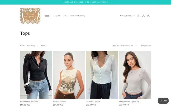 Website page titled Tops – Tela Tequila