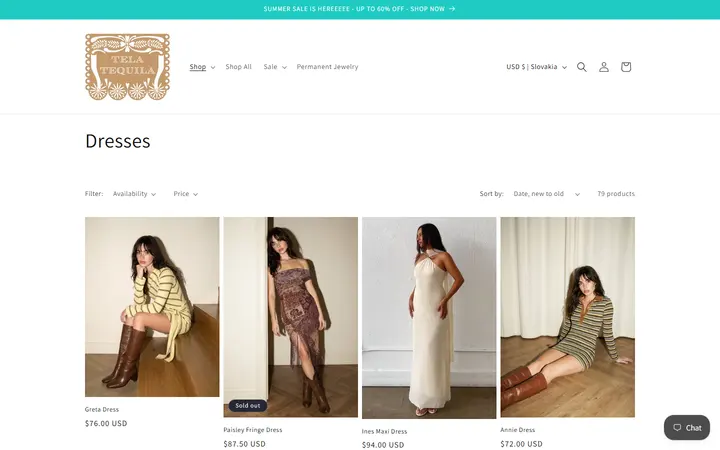 Website page titled Dresses – Tela Tequila