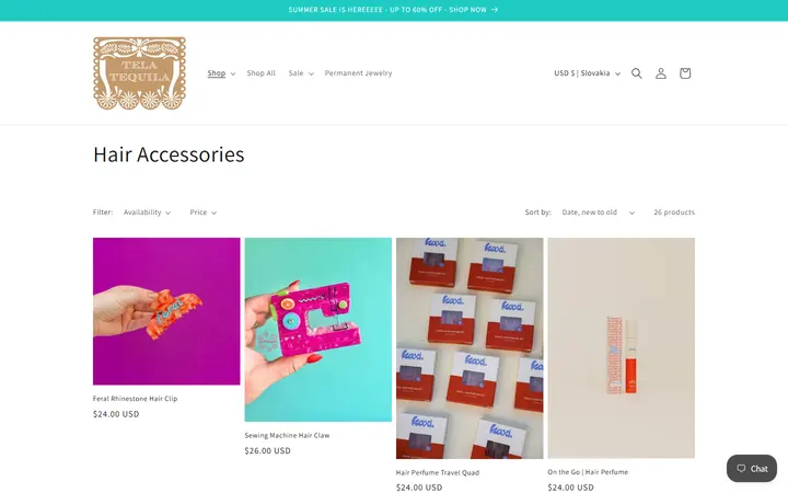 Website page titled Hair Accessories – Tela Tequila