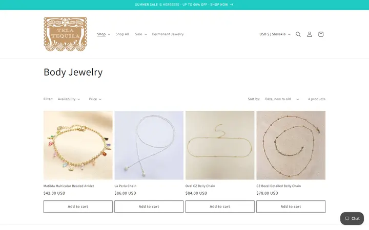 Website page titled Body Jewelry – Tela Tequila
