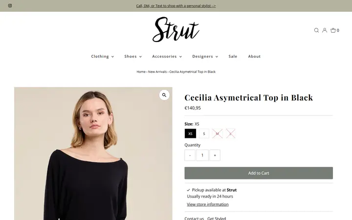 Website page titled Velvet by Graham & Spencer Cecilia Asymetrical Top in Black – Strut Boutique