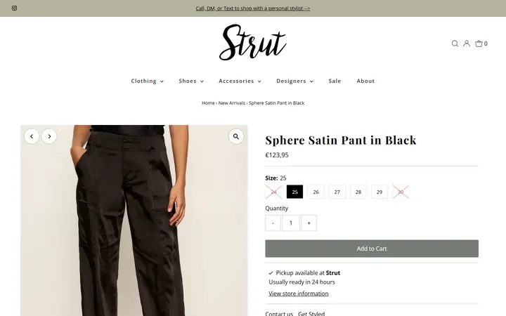 Website page titled Sanctuary Sphere Satin Pant in Black – Strut Boutique