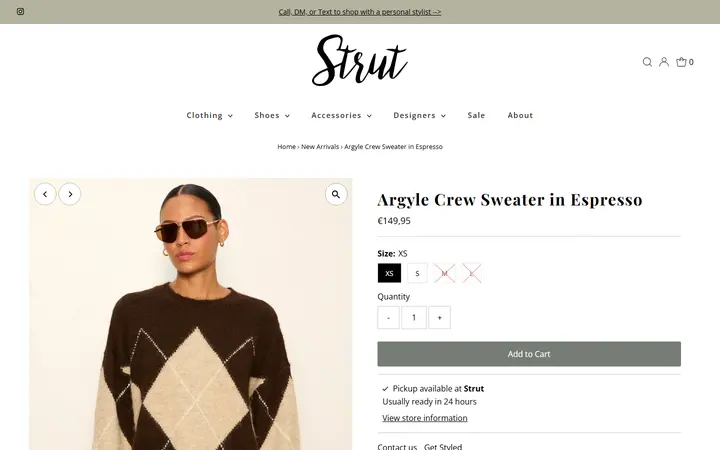 Website page titled Sanctuary Argyle Crew Sweater in Espresso – Strut Boutique
