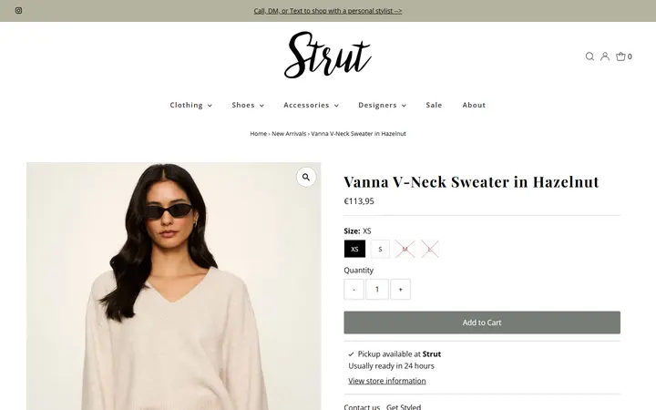 Website page titled Sanctuary Vanna V-Neck Sweater in Hazelnut – Strut Boutique