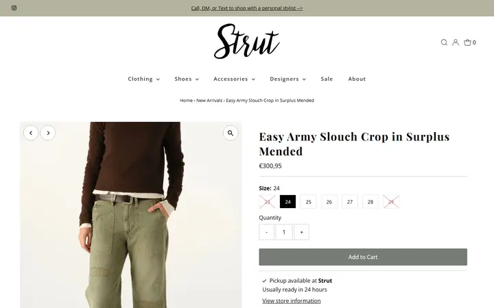 Website page titled AMO Easy Army Slouch Crop in Surplus Mended – Strut Boutique