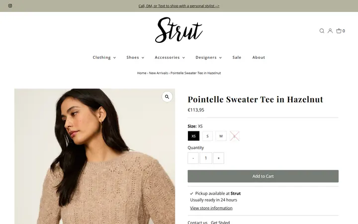 Website page titled Sanctuary Pointelle Sweater Tee in Hazelnut – Strut Boutique