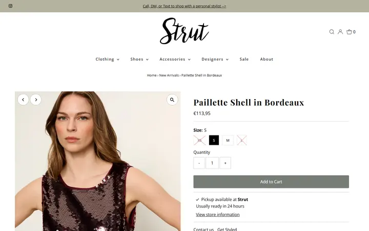 Website page titled Sanctuary Paillette Shell in Bordeaux – Strut Boutique