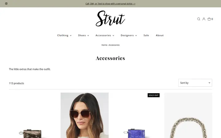 Website page titled Accessories – Strut Boutique