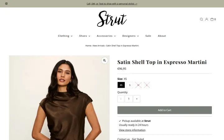 Website page titled Sanctuary Satin Shell Top in Espresso Martini – Strut Boutique