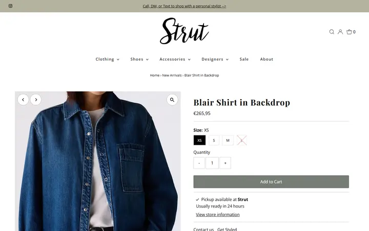 Website page titled AMO Blair Shirt in Backdrop – Strut Boutique