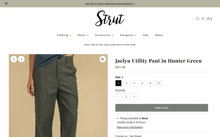 Website page titled Velvet by Graham & Spencer Jaclyn Utility Pant in Hunter Green – Strut Boutique