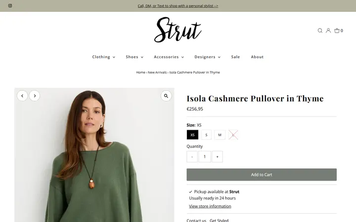 Website page titled One Grey Day Isola Cashmere Pullover in Thyme – Strut Boutique