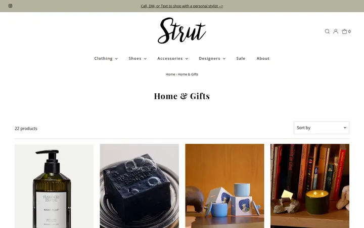 Website page titled Home & Gifts – Strut Boutique
