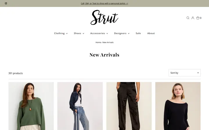 Website page titled New Arrivals – Strut Boutique