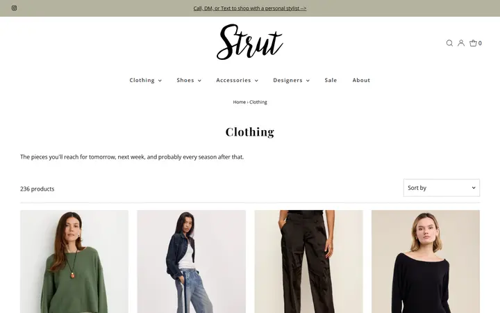 Website page titled Clothing – Strut Boutique
