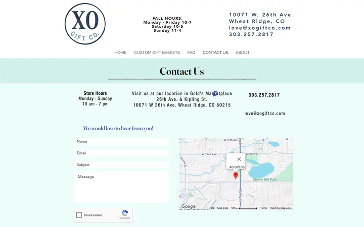 Website page titled CONTACT US | XO Gift Co