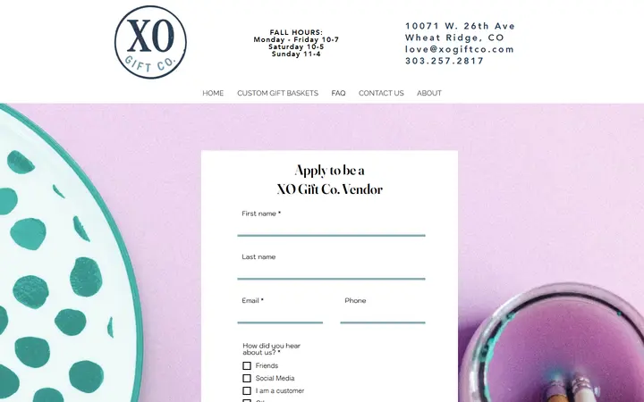 Website page titled Vendor Application | XO Gift Co