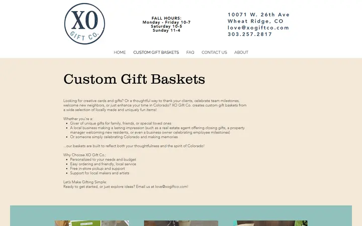 Website page titled CUSTOM GIFT BASKETS | XO Gift Co