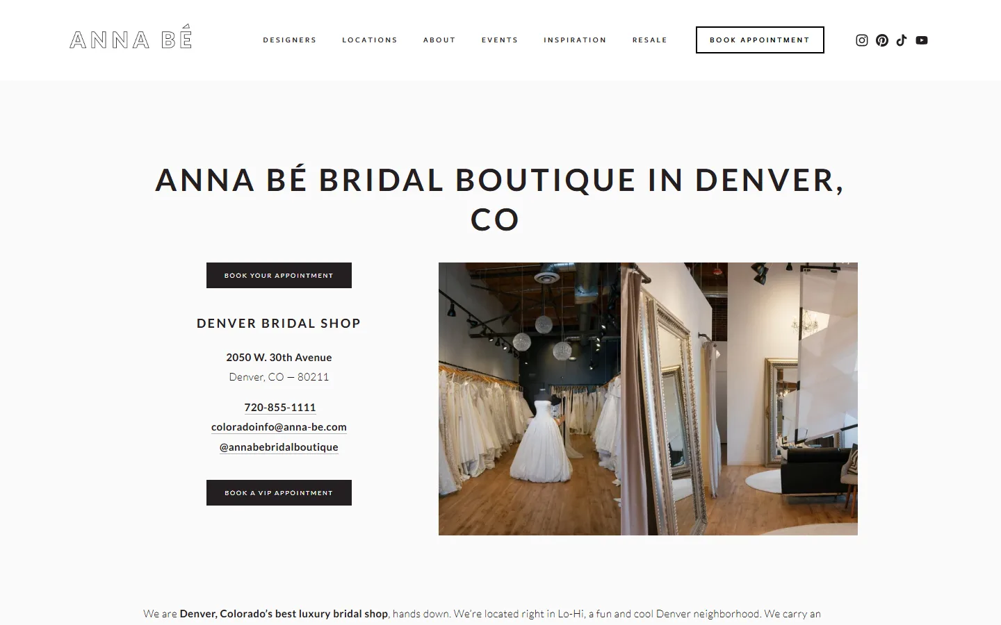 Viewport capture of anna bé bridal boutique denver website