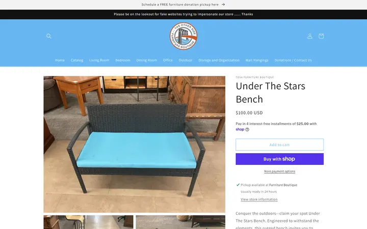Website page titled Under The Stars Bench – TOSA Furniture Boutique