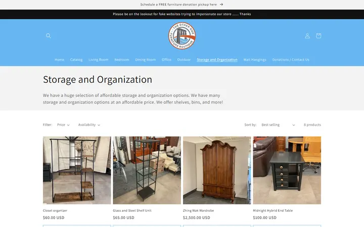 Website page titled Storage and Organization – TOSA Furniture Boutique