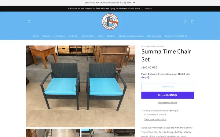 Website page titled Summa Time Chair Set – TOSA Furniture Boutique