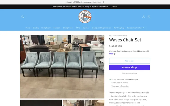 Website page titled Waves Chair Set – TOSA Furniture Boutique