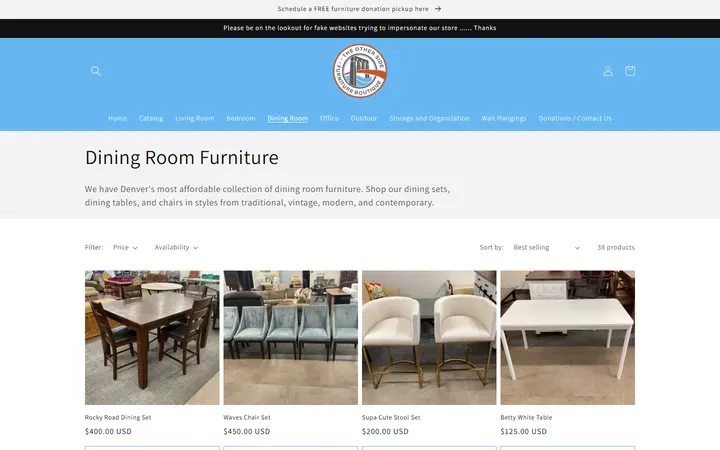 Website page titled Dining Room Furniture – TOSA Furniture Boutique