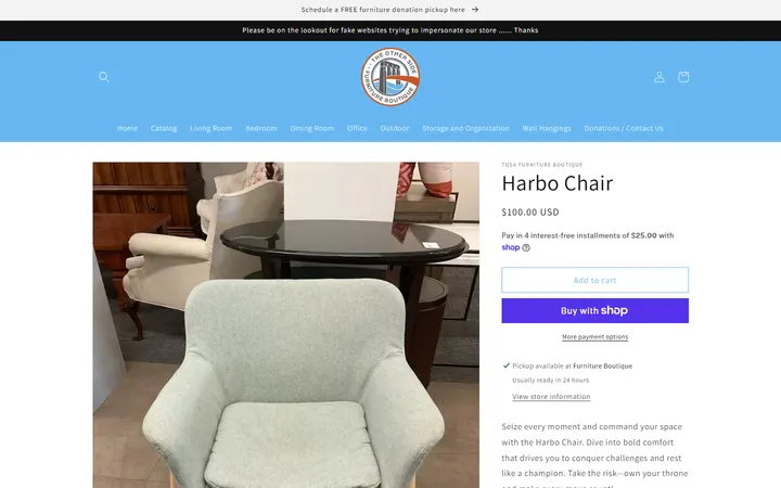 Website page titled Harbo Chair – TOSA Furniture Boutique