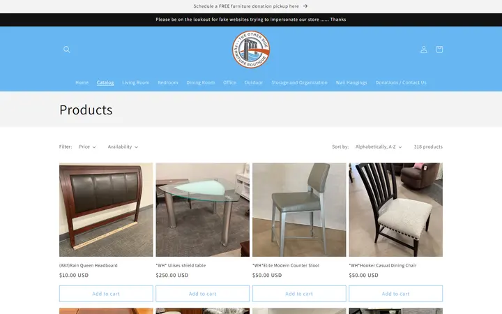 Website page titled Products – TOSA Furniture Boutique