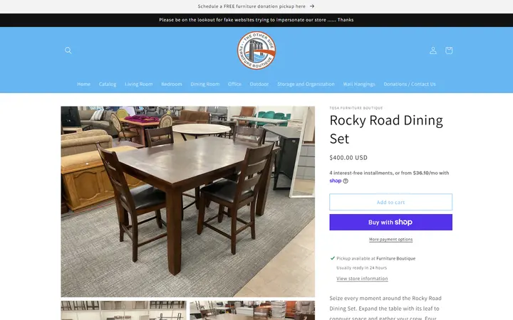 Website page titled Rocky Road Dining Set – TOSA Furniture Boutique