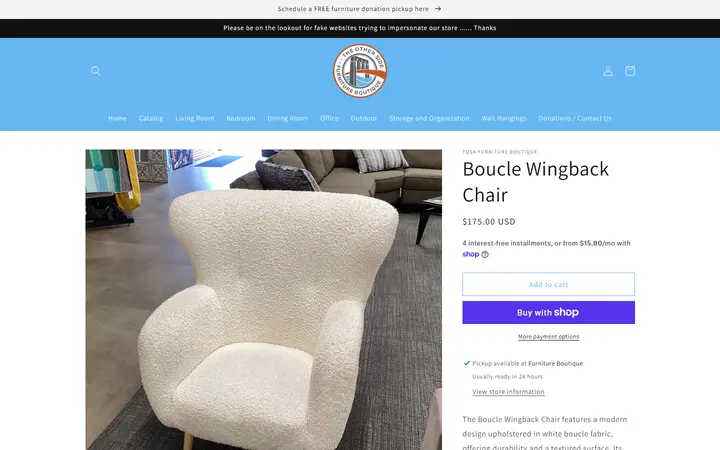 Website page titled Boucle Wingback Chair – TOSA Furniture Boutique