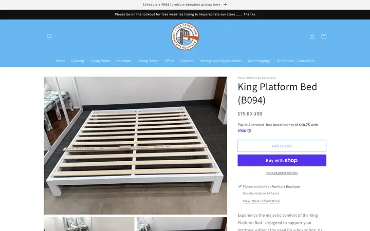 Website page titled King Platform Bed (B094) – TOSA Furniture Boutique