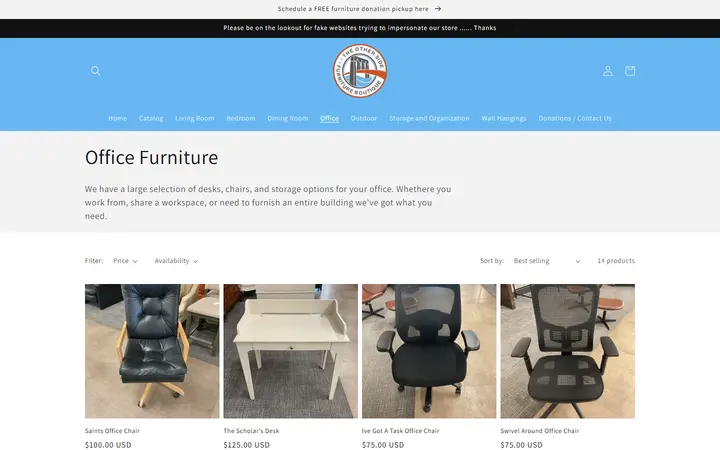 Website page titled Office Furniture – TOSA Furniture Boutique
