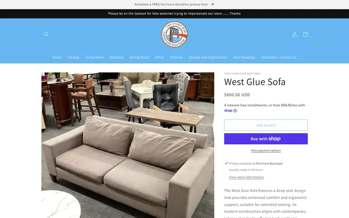 Website page titled West Glue Sofa – TOSA Furniture Boutique
