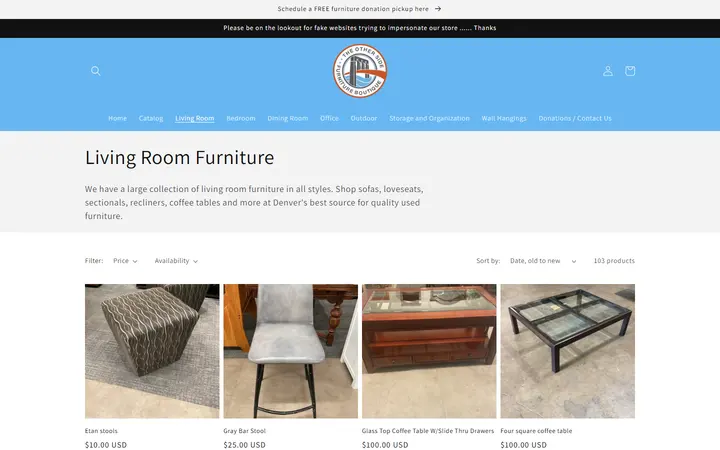 Website page titled Living Room Furniture – TOSA Furniture Boutique